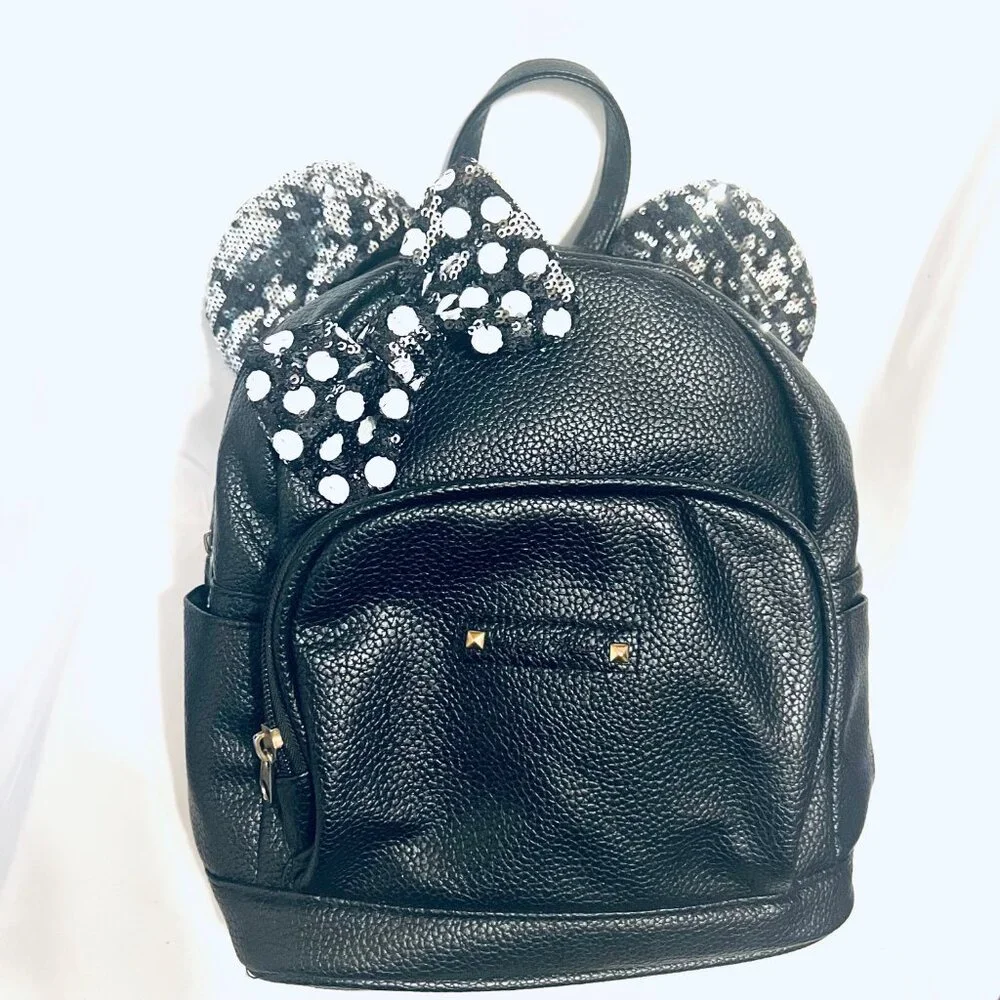Disney Minnie Mouse Black/White Polka Dots Back Pack Purse/Sequin Bow/Ears